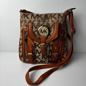 Michael Kors Medium Crossbody Canvas Bag Buckles Pockets Brown
